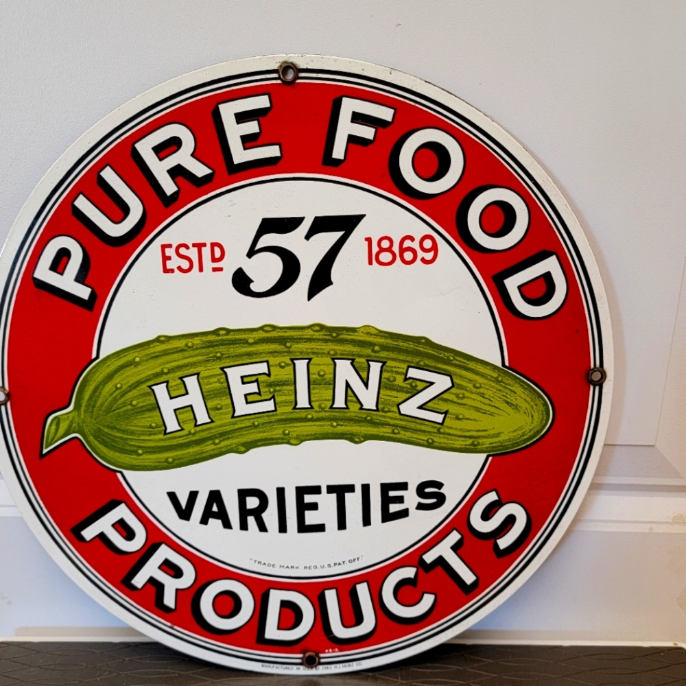 Vintage Heinz Pure Food Products 11.5" Metal Hanging Sign Made In USA 1983